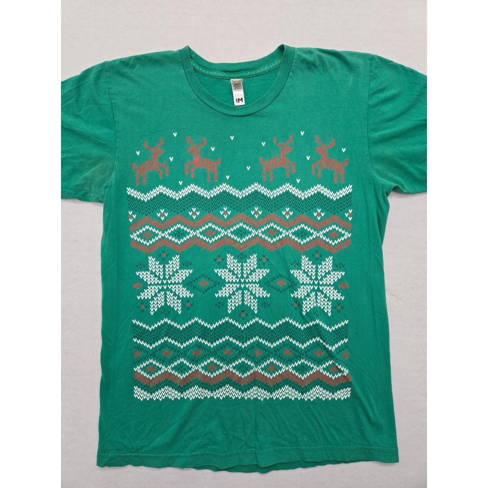 Shirt‎ Woot Christmas T-Shirt Medium Green Reindeer Snowflake Fair Isle